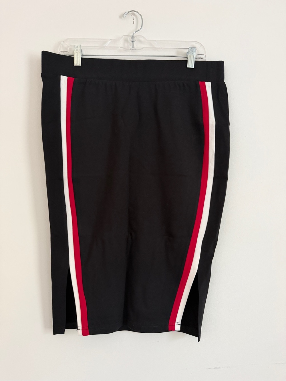 Classic Black Pencil Skirt with Red and White Side Stripes